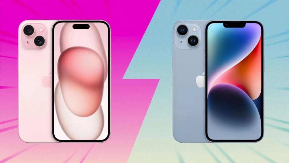 iPhone 15 và iPhone 14 cạnh nhau, nổi bật sự khác biệt về thiết kế.